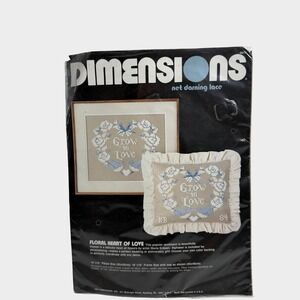 Dimensions Blue Floral Heart Of Love Net Darning Lace Kit OS Vintage 1984 4813